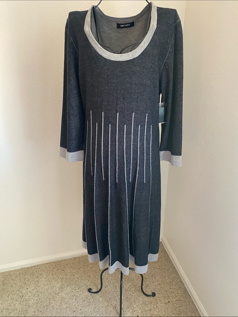 Nine West Charcoal Knit Long-Sleeve Midi Dress with Silver Trim